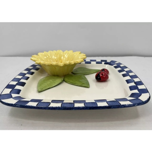Cali 3D Yellow Sunflower Ladybug Blue White Chip Dip Serving Art Pottery  Signed - Picture 2 of 12